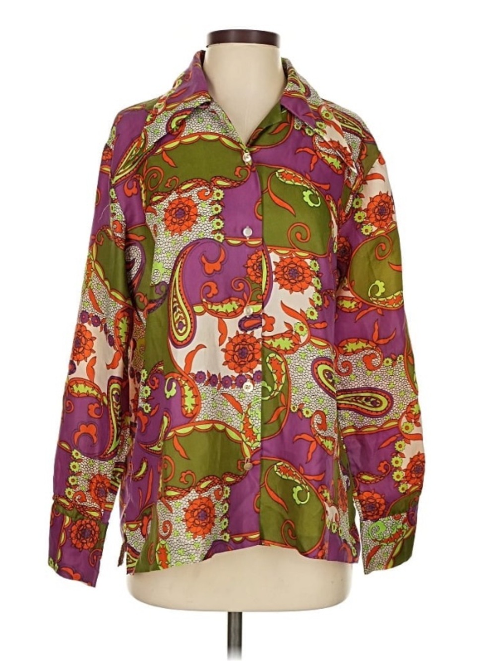 Vintage Purple, Orange, Olive, Neon Green Paisley Button-Up Blouse